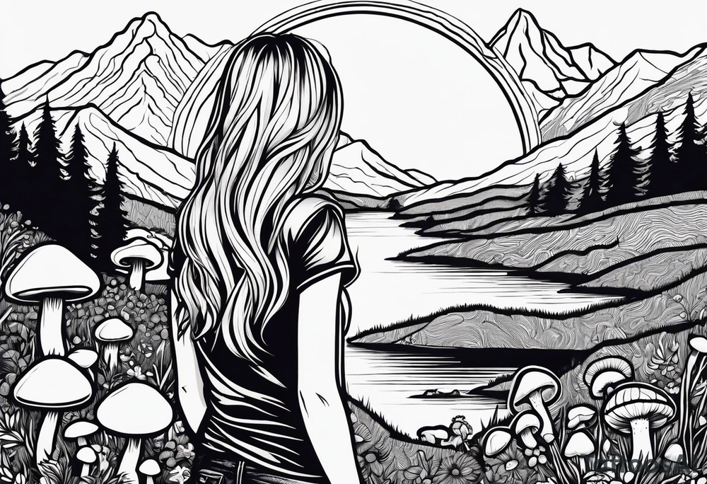 Straight long blonde hair hippie girl in distance holding mushrooms in hand facing away toward mountains and creek surrounded by mushrooms tee shirt and hiking pants

Entire tattoo within a circle tattoo idea