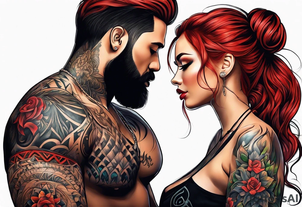 Busty red hair woman with bearded black hair man tattoo idea