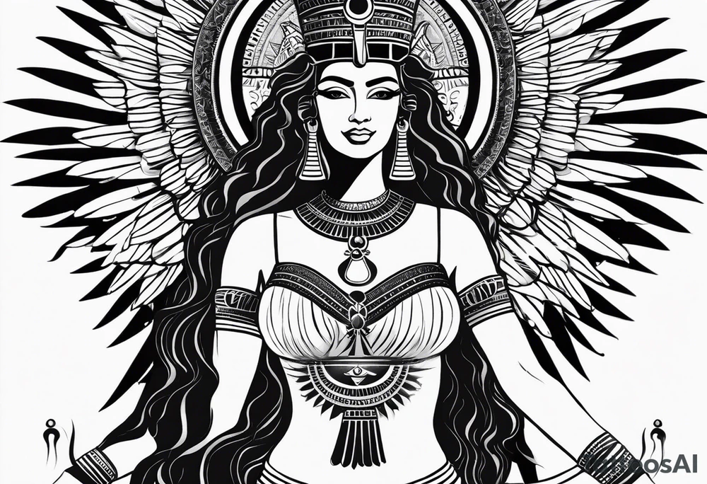 black and white Egyptian goddess Isis, who is often depicted as a woman with outstretched wings, holding an ankh (a symbol of life) in one hand and a lotus flower in the other. Her headdress often includes a throne or a solar disk. The tattoo design can vary in style and size, but it typically aims to capture the essence of this revered Egyptian deity, emphasizing her beauty, power, and maternal qualities. The choice of colors and additional elements can also be customized to create a unique and visually striking representation of the goddess Isis tattoo idea
