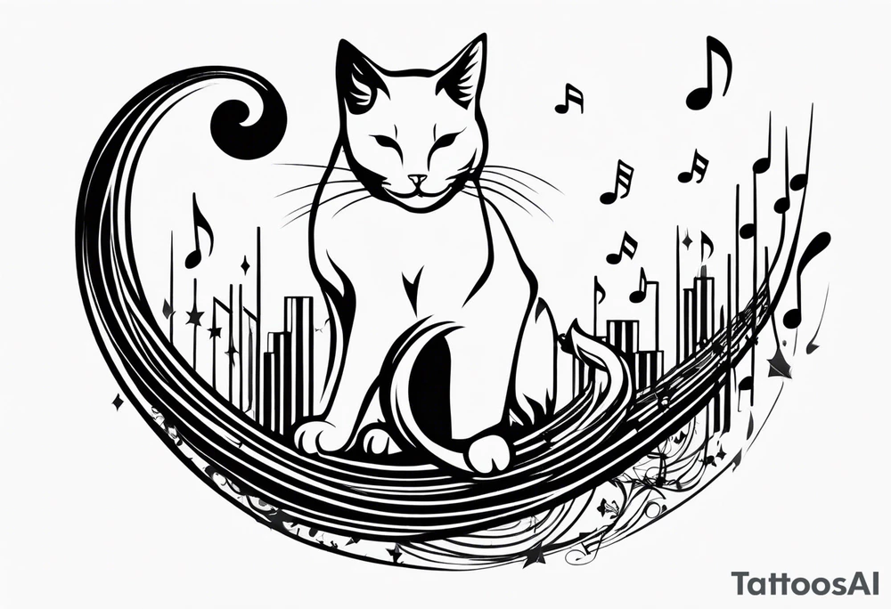 Outline of cat reaching to a music note, small tattoo idea