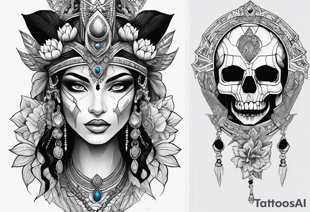 kali ma, alien goddess, valkrye, pirate, divine feminine, zenza resonance, pachamama, lotus azul, blank panther, eagle, skull, 5D, nueva gaya, dna 12 tattoo idea