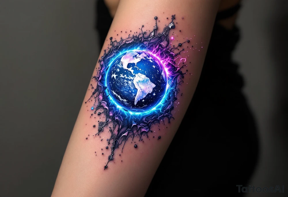 A planet bursting through the skin, appearing in glowing neon blue, deep purple, and swirling silver, as if revealing another dimension. tattoo idea