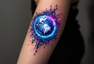 A planet bursting through the skin, appearing in glowing neon blue, deep purple, and swirling silver, as if revealing another dimension. tattoo idea