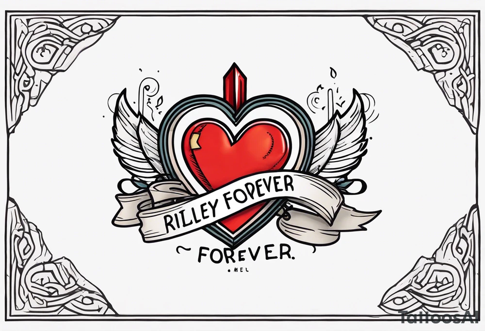 heart with arrow with ribbon that says "Riley and Mel forever" tattoo idea