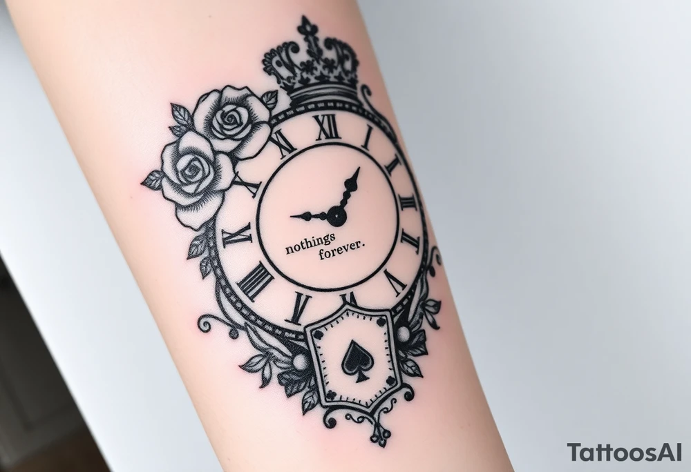 Roman clock with roses and a crown,  a quote that says nothings forever. and on the bottom a deck of cards tattoo idea