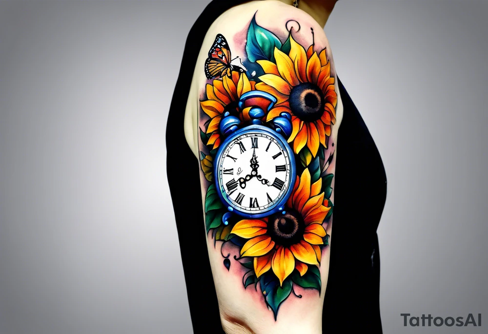 Sleeve with clock, sunflower and butterfly tattoo idea