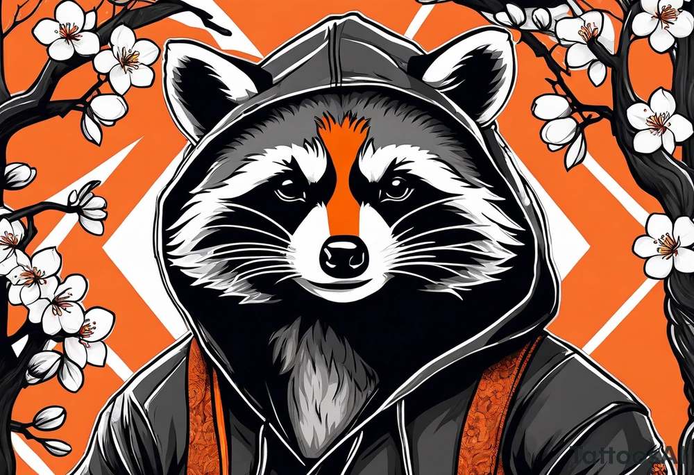 Raccoon wearing a white Superman logo on a black hoodie and orange Japanese cherry blossoms beside tattoo idea