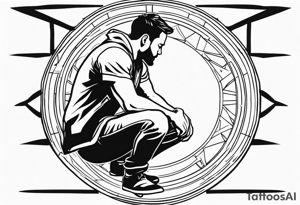 man crouched under sheild tattoo idea