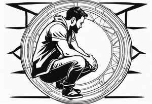 man crouched under sheild tattoo idea