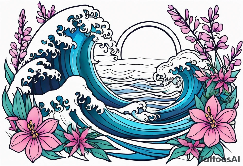 ocean wave surrounded by lupin and fireweed vines tattoo idea