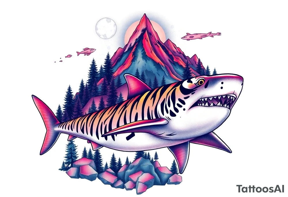 forest mountains and tiger sharks, tattoo idea