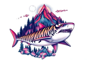 forest mountains and tiger sharks, tattoo idea