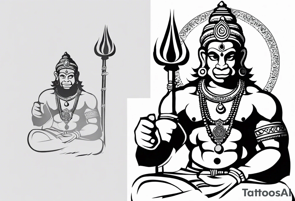 A simplified depiction of Hanuman, focusing on clean lines and minimal detail to capture his essence. Key features like his face, his mace (gada), and his posture could be subtly defined, without overwhelming detail. Avoid intricate textures, focusing more on silhouette and key symbolic elements.

ensure his entire body and tail 
is in the design tattoo idea