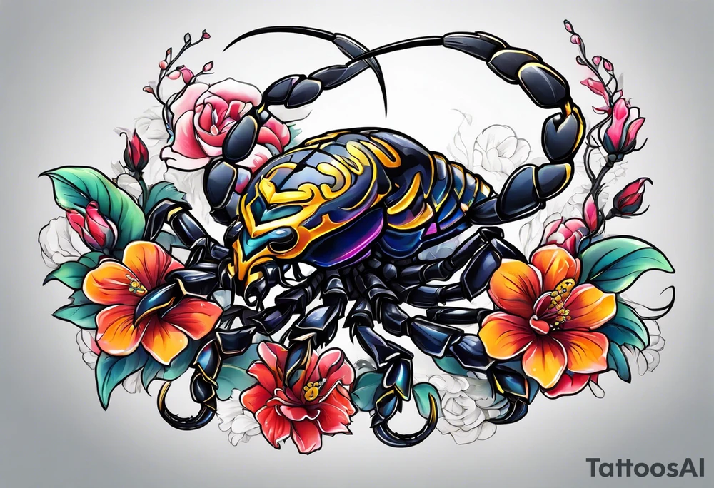 futuristic scorpion animation with flowers bloody tattoo idea
