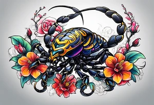 futuristic scorpion animation with flowers bloody tattoo idea
