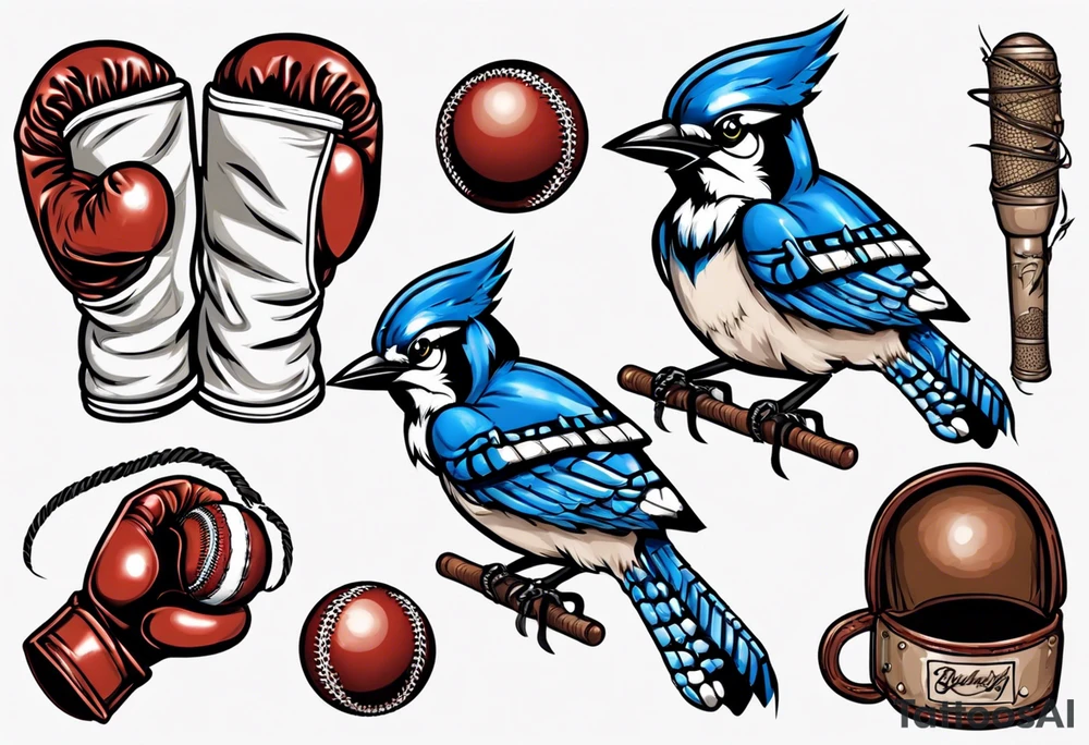 bluejay wearing boxing gloves and holding a cricket ball tattoo idea
