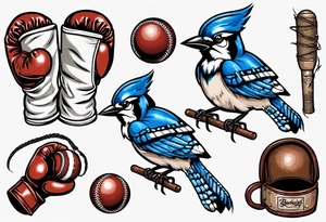 bluejay wearing boxing gloves and holding a cricket ball tattoo idea