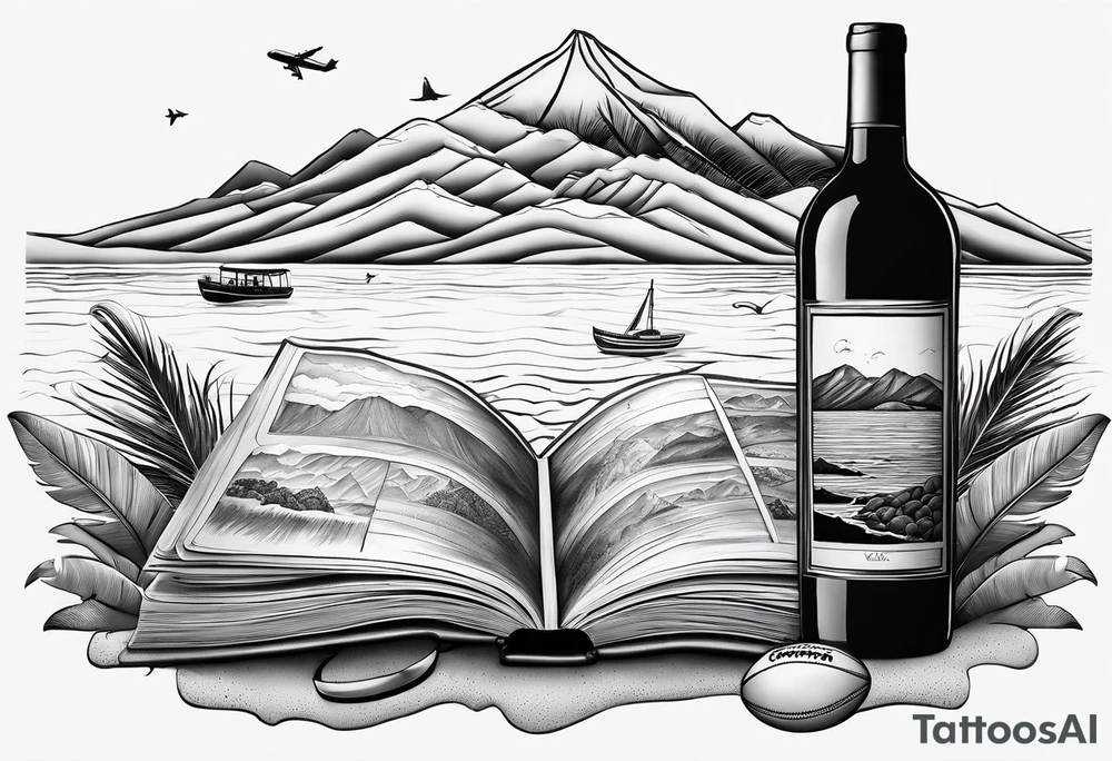 Beach with hills behind, a rugby ball, wine bottle and book on the beach, a plane in the sky and a campervan tattoo idea
