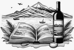 Beach with hills behind, a rugby ball, wine bottle and book on the beach, a plane in the sky and a campervan tattoo idea