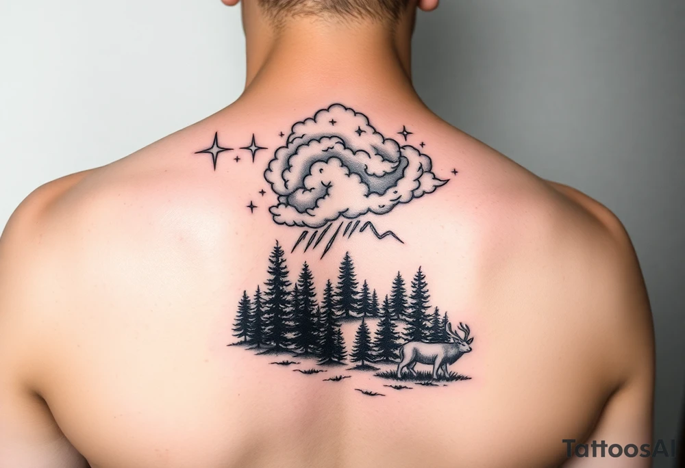 stars in the cloud with a stormy view with a forrest with animals tattoo idea