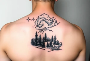 stars in the cloud with a stormy view with a forrest with animals tattoo idea