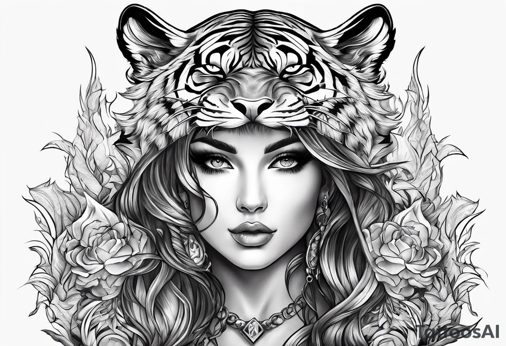 a huntress on a tiger in flames tattoo idea
