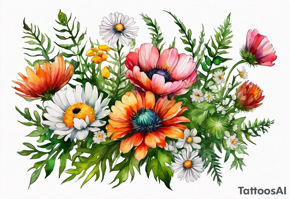 simple wildflowers cascading with thistles, ferns, white anemones, sun flowers, red flowers, pink flowers, green flowers, buttercups, orange flowers, babys breath and daisies all in watercolor tattoo idea