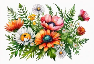 simple wildflowers cascading with thistles, ferns, white anemones, sun flowers, red flowers, pink flowers, green flowers, buttercups, orange flowers, babys breath and daisies all in watercolor tattoo idea