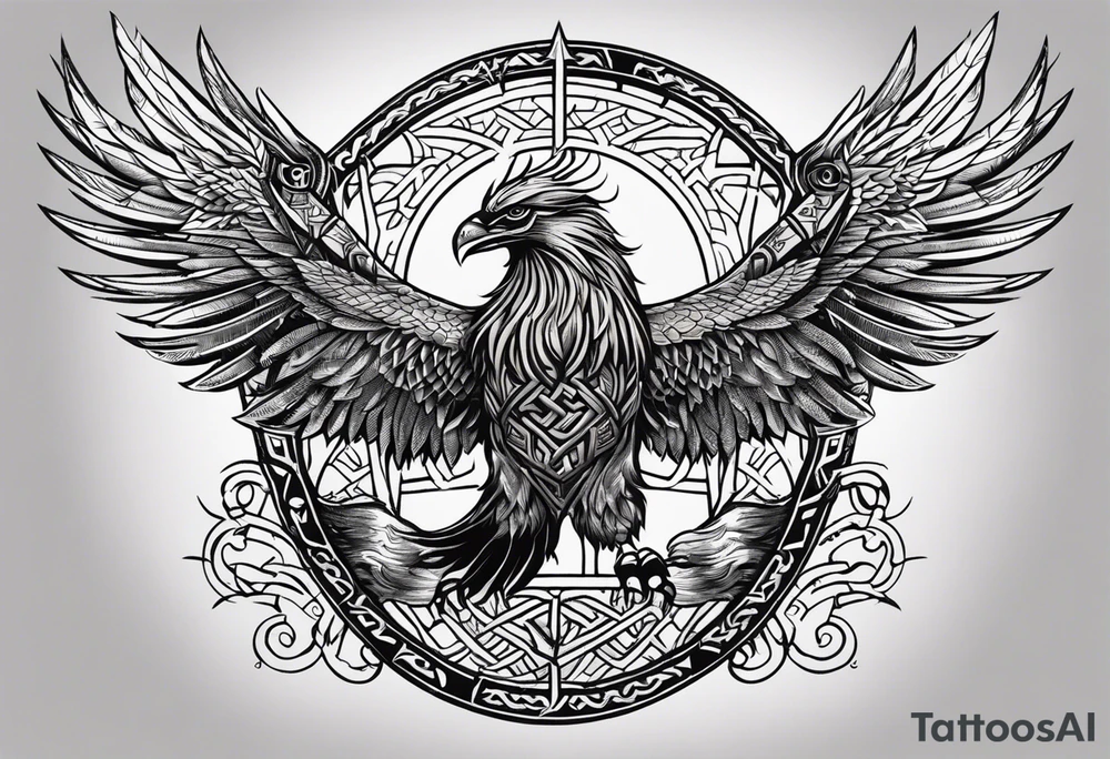 Viking design tattoo to go down the upper arm, so long and thin.
 Vegvisir on top of an existing phoenix tattoo with its wings outstretched, below it a Viking valknut symbol intertwined beneath it a tree if life design tattoo idea
