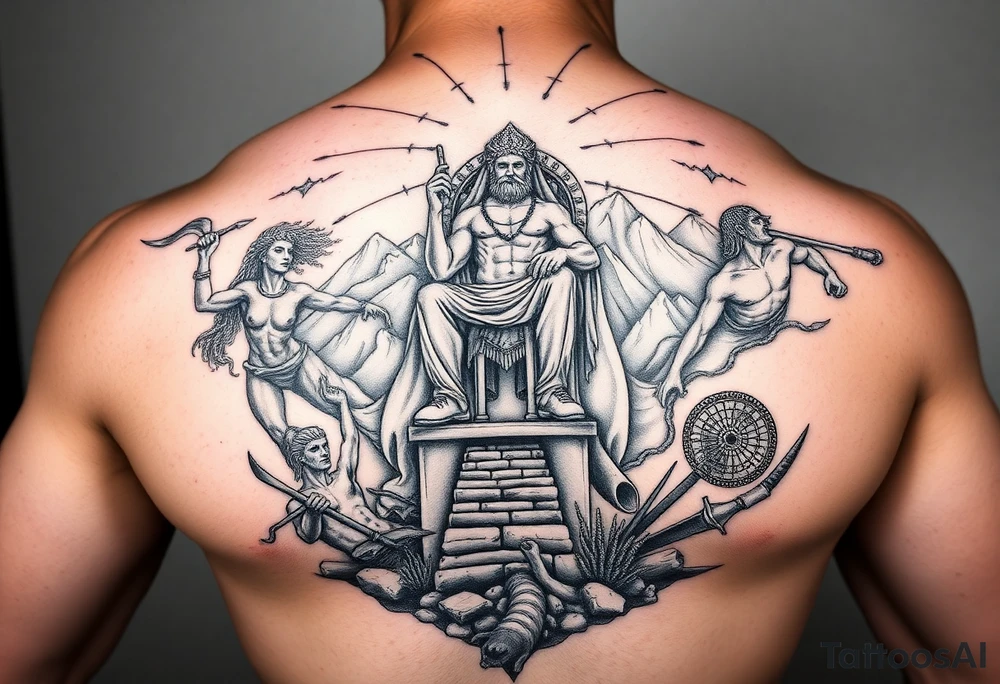 Realism Full chest peice including the Greek gods with zues on his throne looking down from the mountain casting judgement on the people add lighting and Mount Olympus and a temple and a battle scene make zues muscular add hades Medusa and minatour tattoo idea