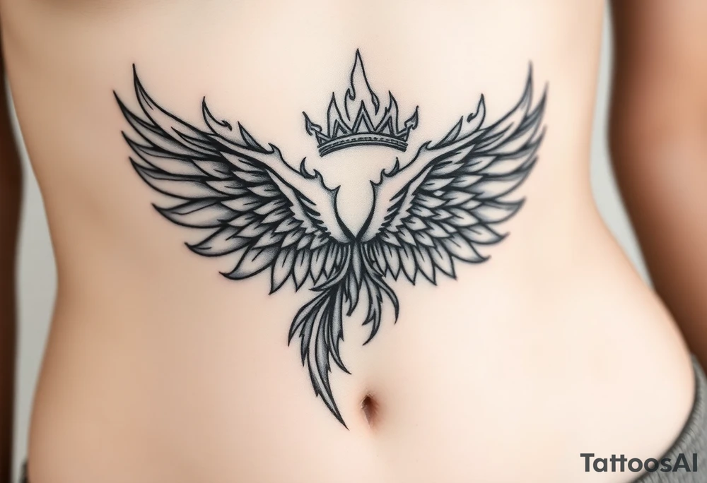large blazing wing surrounded by fire. with a crown of fire tattoo idea
