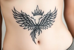 large blazing wing surrounded by fire. with a crown of fire tattoo idea