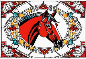 arch shape stained glass window with a red horse's head. tattoo idea