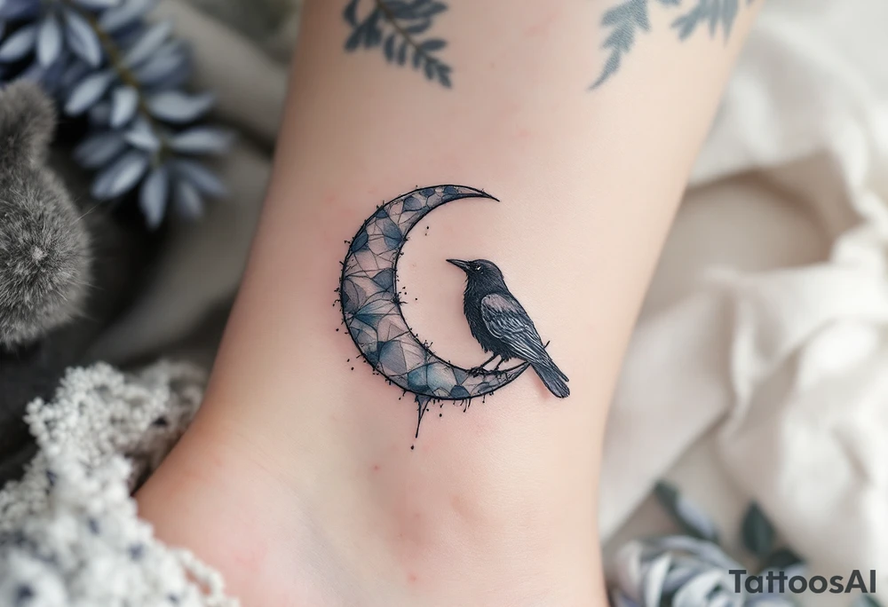 A silver crescent moon holding a small black raven, perched above protective script. tattoo idea
