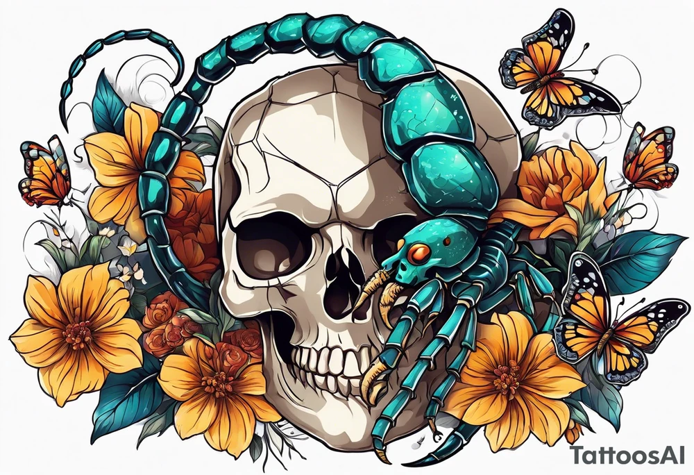 Large scorpion with a skull, flowers, and butterflies tattoo idea