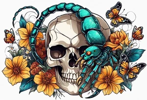 Large scorpion with a skull, flowers, and butterflies tattoo idea