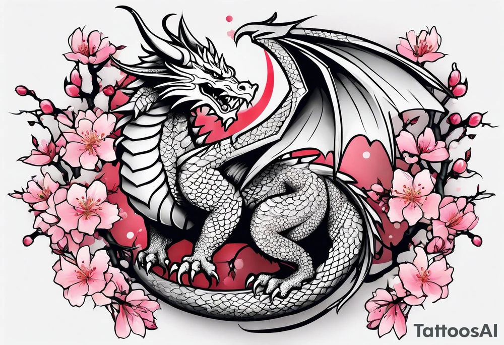 A dragon with wings covered in cherry blossoms tattoo idea