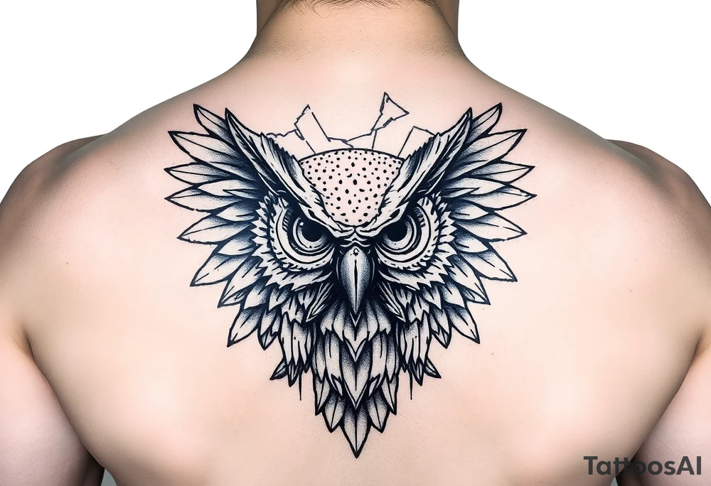 BROKEN GLASS WITH OWL HOLDING A TRADEGY MASK tattoo idea