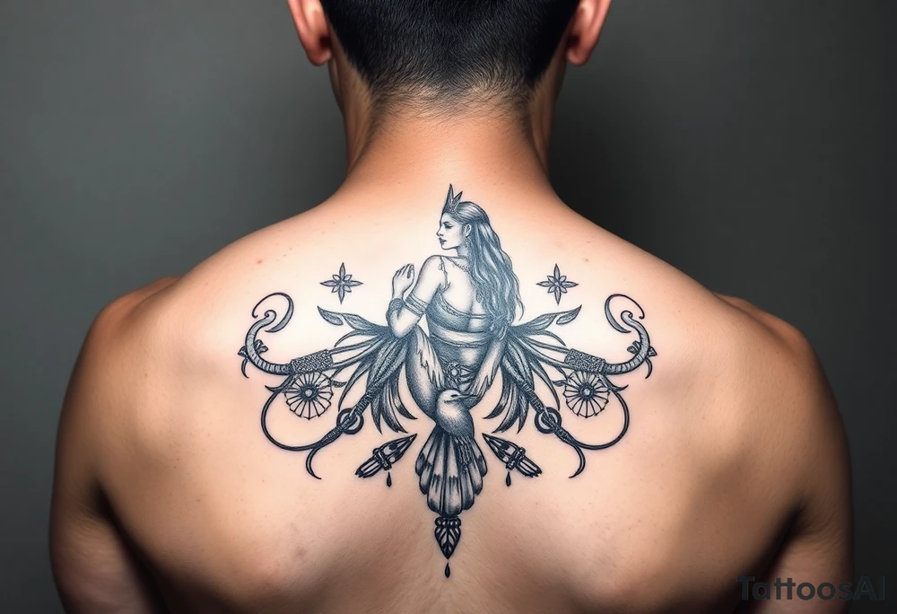 Purepecha princess surrounded by purepecha symbols with hidden hummingbird tattoo idea