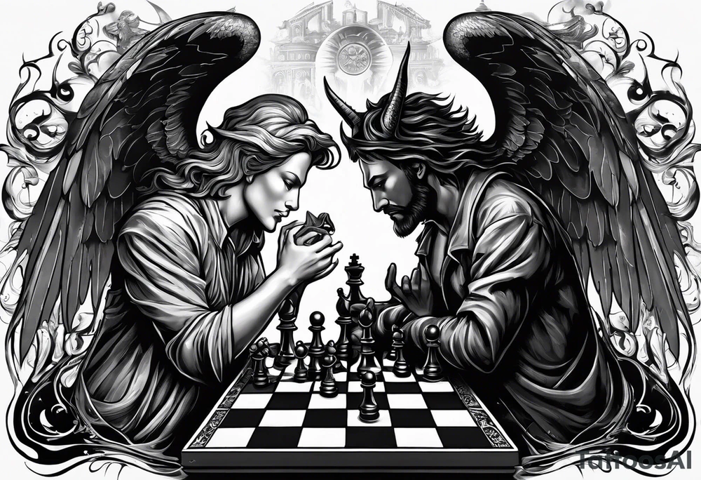 Depict an angel and devil engaged in a chess game, with the chessboard reflecting the cosmic battleground between good and evil, symbolizing the strategic nature of the eternal conflict. tattoo idea