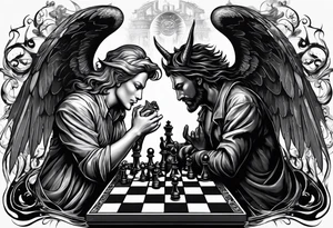 Depict an angel and devil engaged in a chess game, with the chessboard reflecting the cosmic battleground between good and evil, symbolizing the strategic nature of the eternal conflict. tattoo idea