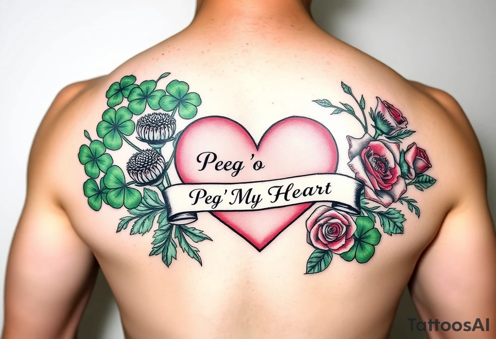 Bunch of Green shamrocks & a few purple thistles and a few red roses with a big Pink heart and a banner across the heart that says " Peg 'o My Heart" tattoo idea