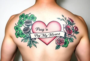 Bunch of Green shamrocks & a few purple thistles and a few red roses with a big Pink heart and a banner across the heart that says " Peg 'o My Heart" tattoo idea
