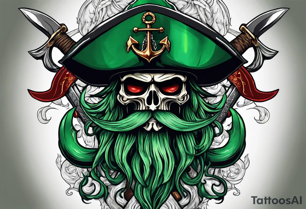 green pirate squid holding bloody sword and anchor, black hat, beard tattoo idea