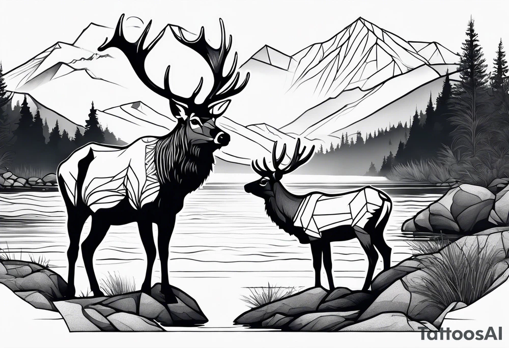 male and female elk near water with mountain landscape in the background tattoo idea