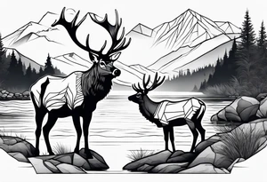 male and female elk near water with mountain landscape in the background tattoo idea