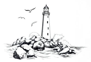 Lighthouse surrounded by boulders in the sea with high waves and seagulls flying around tattoo idea