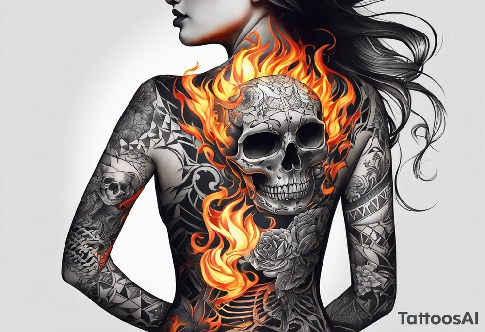 ONLY ON Half body tattoo's left side of body fully tattooed non of right half of body. Start with having the tattoo outline the human skeleton and implement elements such as fire lighting water. FINE LINES tattoo idea