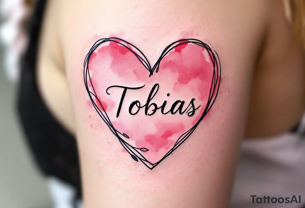 A soft pink heart outlined in black, cradling the name Tobias in cursive. tattoo idea