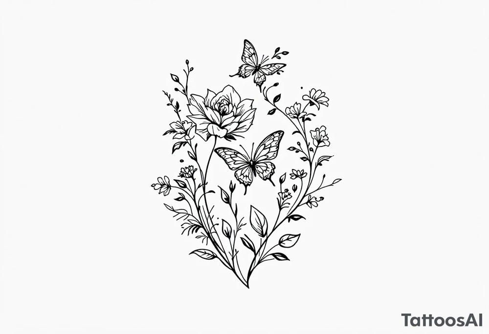 A delicate and highly detailed tattoo design featuring elegant flowers and two butterflies, symbolizing family, love, and the bond between a mother and her children. The flowers, such as lilies or peonies, represent protection, beauty, and unconditional love. Two butterflies gracefully flying around the flowers symbolize the children, Zackary and Charlie, representing their growth and freedom. Their names should be subtly integrated into the design, either along the stems of the flowers, within the butterfly wings, or in an elegant script flowing naturally with the composition. tattoo idea